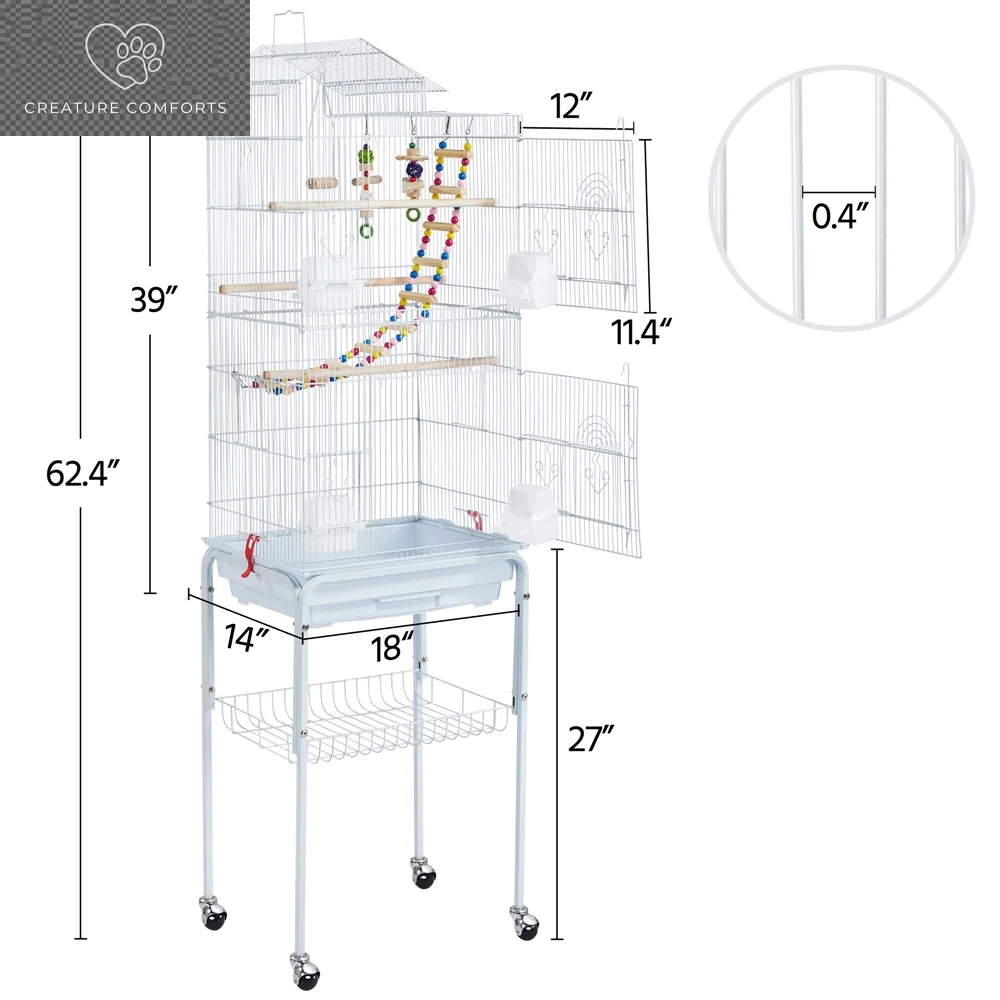 Yaheetech 62.4"H Rolling Metal Birdcage Parrot Cage with Detachable Stand, White
