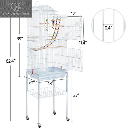 Yaheetech 62.4"H Rolling Metal Birdcage Parrot Cage with Detachable Stand, White