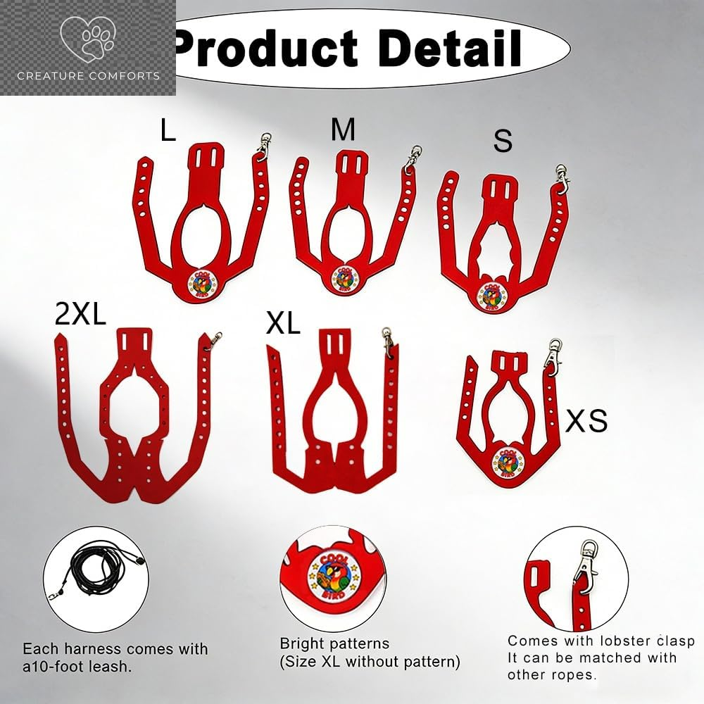 Lightweight Adjustable Bird Harness & Leash Set - Perfect for Budgies, Parakeets, and Small Parrots (Red, Size S)