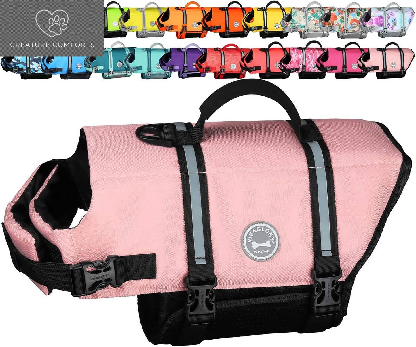 VIVAGLORY Dog Life Vest Rip Stop Dog Swim Vest, M, Pink | High Visibility Ripstop for Puppy Cat Doggy, Life Jacket with Handle & Leash Ring for Boating & Swimming