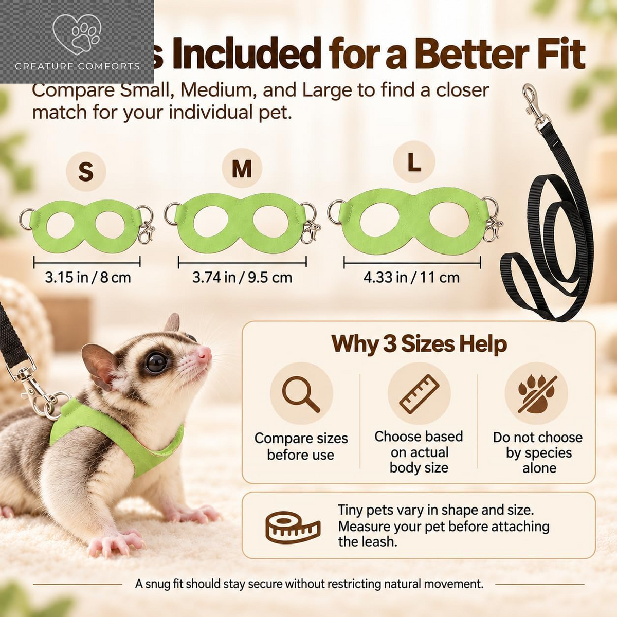 3 Pack Sugar Glider Harness and Leash Set Small Animal Training Walking Vest for Squirrel Hamster Rat-Green
