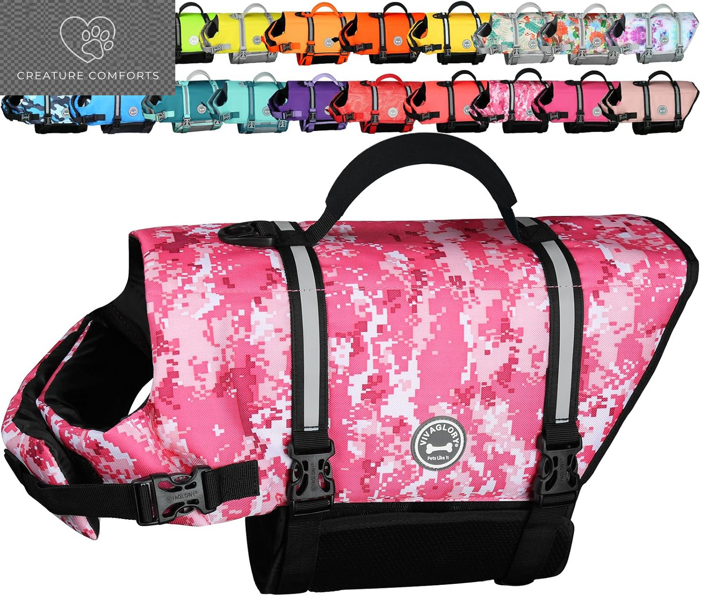 VIVAGLORY Dog Life Vest Rip Stop Dog Swim Vest, M, Pink | High Visibility Ripstop for Puppy Cat Doggy, Life Jacket with Handle & Leash Ring for Boating & Swimming