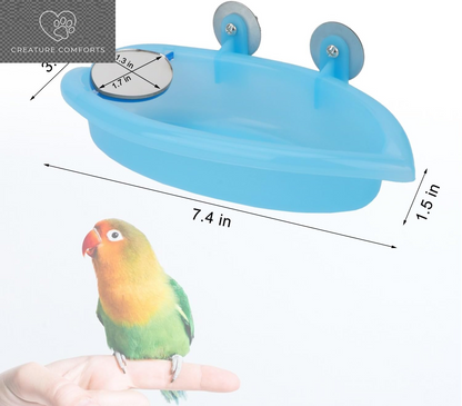 Hypeety Bird Bath with Mirror Portable Bird Bathroom Parakeet Shower Tub | Parrot Bathtub with a Mirror, Durable and Safe Material, Easy to Install, Cage Accessories, for Budgie/Lovebird/Finches, Blue