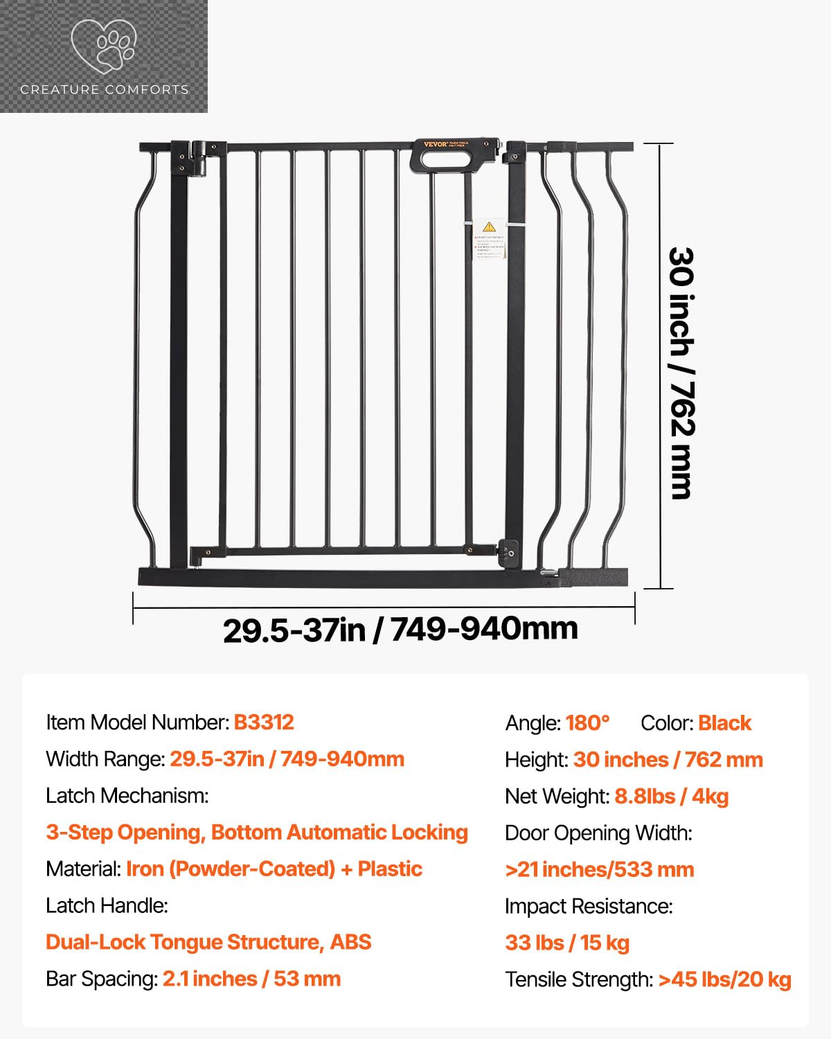 VEVOR Baby Gate, 29.5-37 in Adjustable Width, 30In High Dog Gate, Easy Step Walk Thru, Auto Close, Child Pet Security, with Pressure Mount Kit and Wall Mount Kit, for Stairs Doorways and House, Black