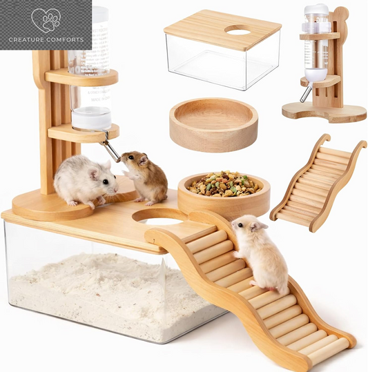 4 Pcs Hamster Cage Accessories Water Bottle Set | Hamster Sand Bath Box Feeding Bowl Climbing Toy Wooden Ladder Bridge Set for Rat Mice Small Animals Habitat Decor Enrichment