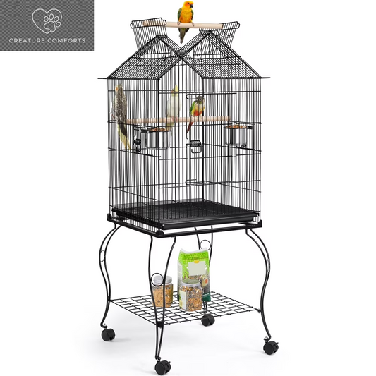 Alden Design 57" Rolling Metal Parrot Cage Bird with Open Top, Black