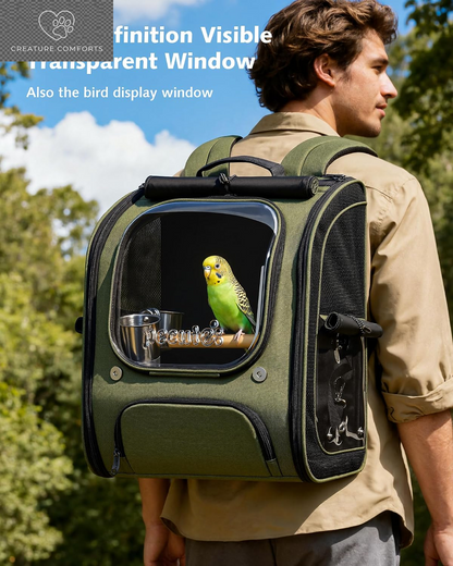 Pecute Bird Backpack Carrier with Standing Perch for Small Parrot, Green