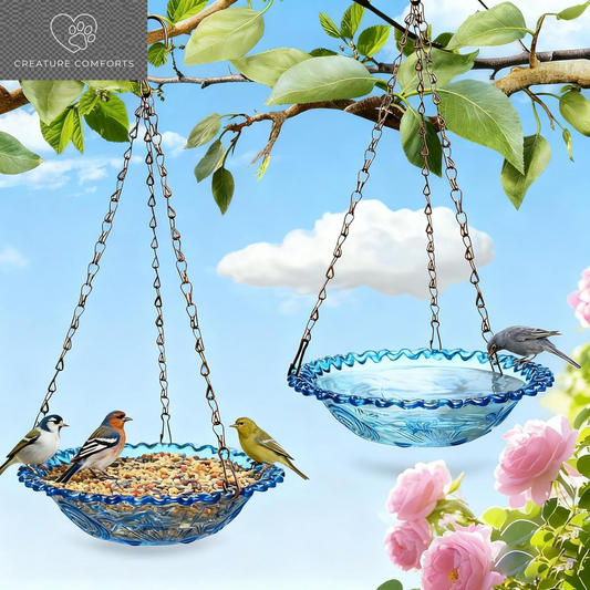 2 Pack Super Value Hanging Plastic Bird Baths and Feeders for Outdoors Bird Water Bowls and Seed Trays Set Attract Wild Birds Garden Yard Decor Gift (Blue)