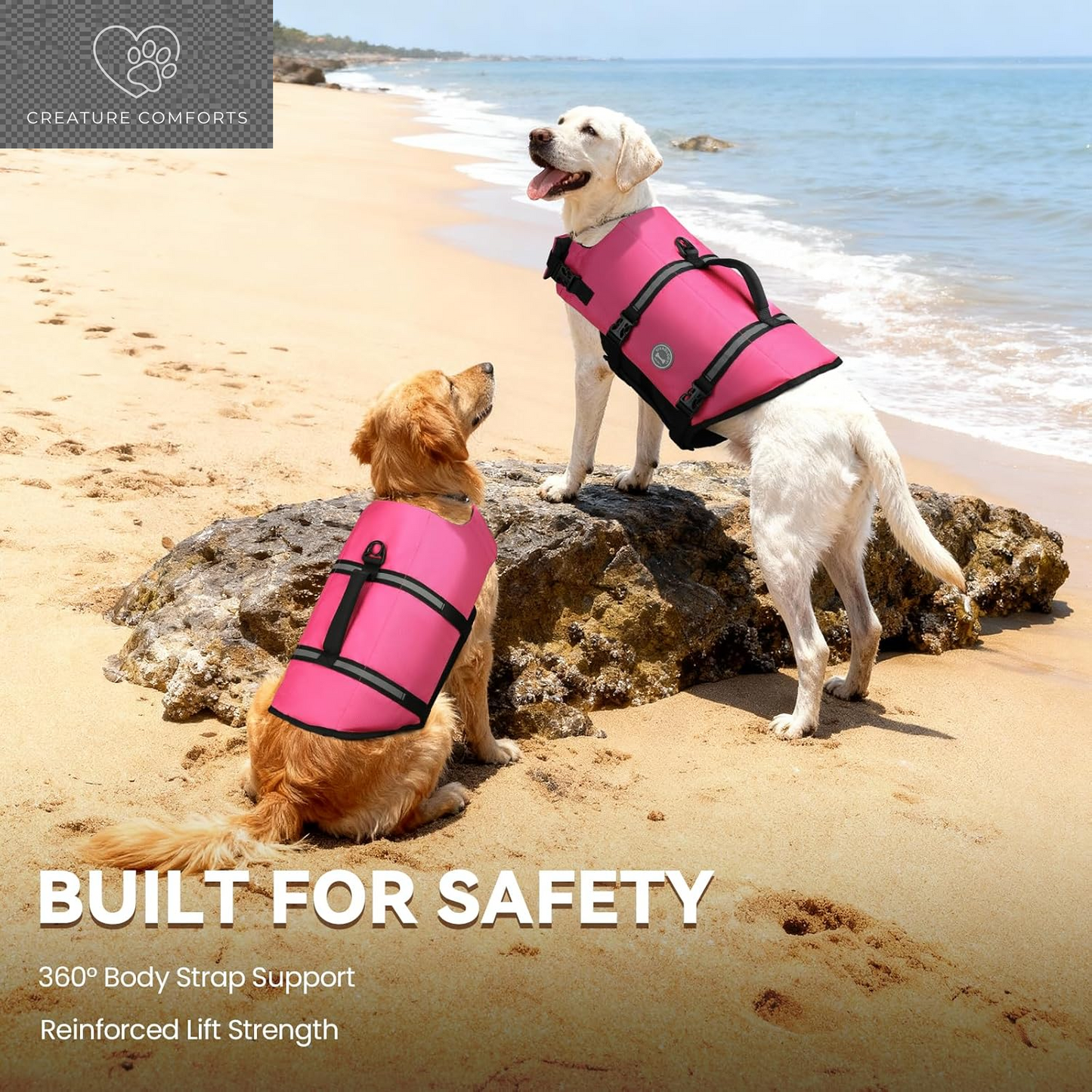 VIVAGLORY Dog Life Vest Rip Stop Dog Swim Vest, M, Pink | High Visibility Ripstop for Puppy Cat Doggy, Life Jacket with Handle & Leash Ring for Boating & Swimming