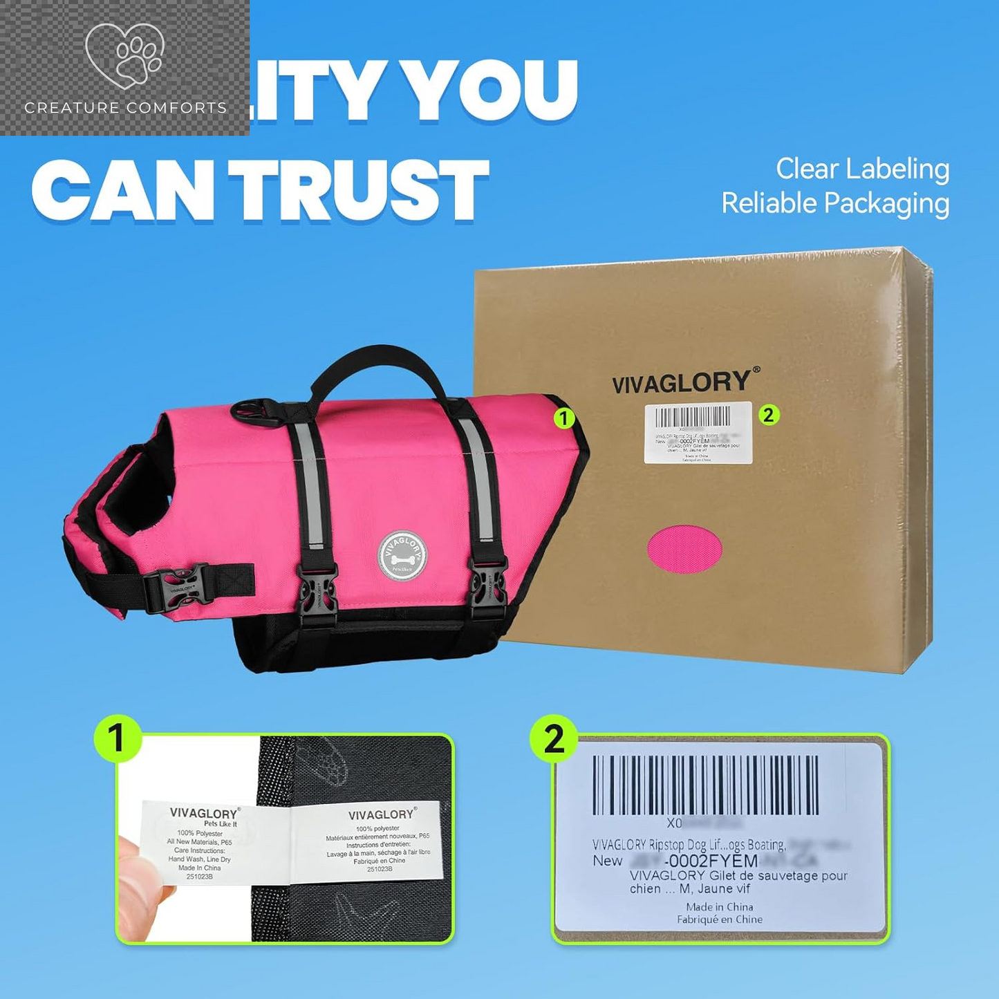 VIVAGLORY Dog Life Vest Rip Stop Dog Swim Vest, M, Pink | High Visibility Ripstop for Puppy Cat Doggy, Life Jacket with Handle & Leash Ring for Boating & Swimming