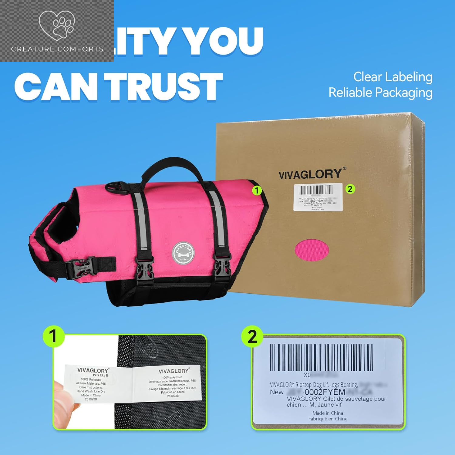 VIVAGLORY Dog Life Vest Rip Stop Dog Swim Vest, M, Pink | High Visibility Ripstop for Puppy Cat Doggy, Life Jacket with Handle & Leash Ring for Boating & Swimming