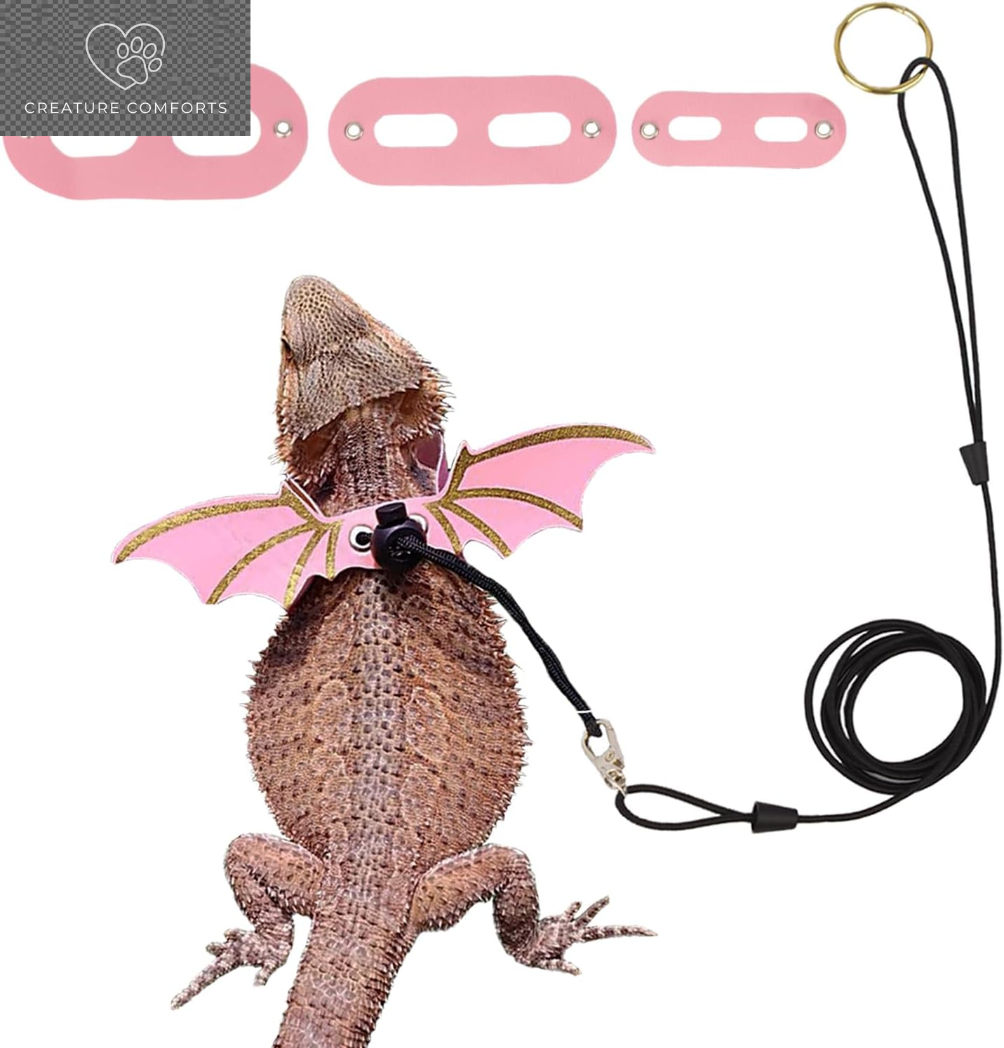 Black Bearded Dragon Leash Harness, 3 Size Pack, Cool Bat Wing | Soft Leather Wing Harness, Removable Leash, for Bearded Dragon Lizard Reptile, Great for Outdoor Walking