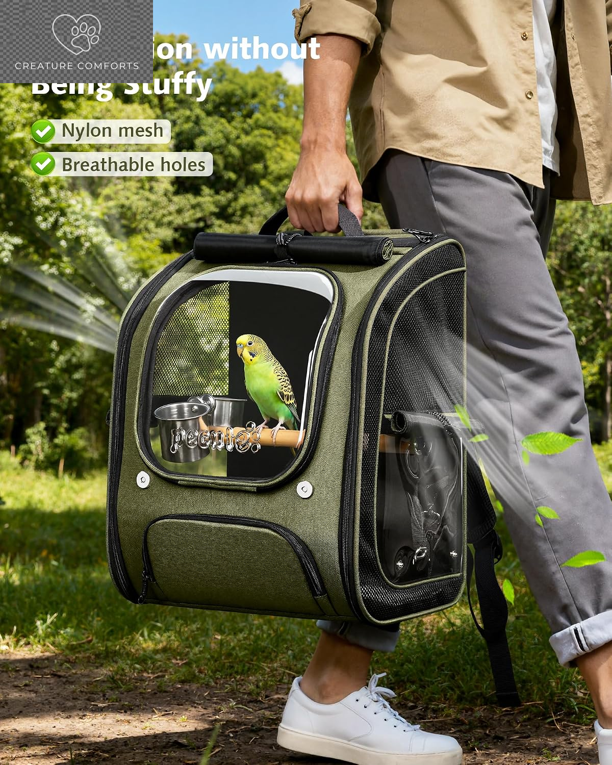 Pecute Bird Backpack Carrier with Standing Perch for Small Parrot, Green