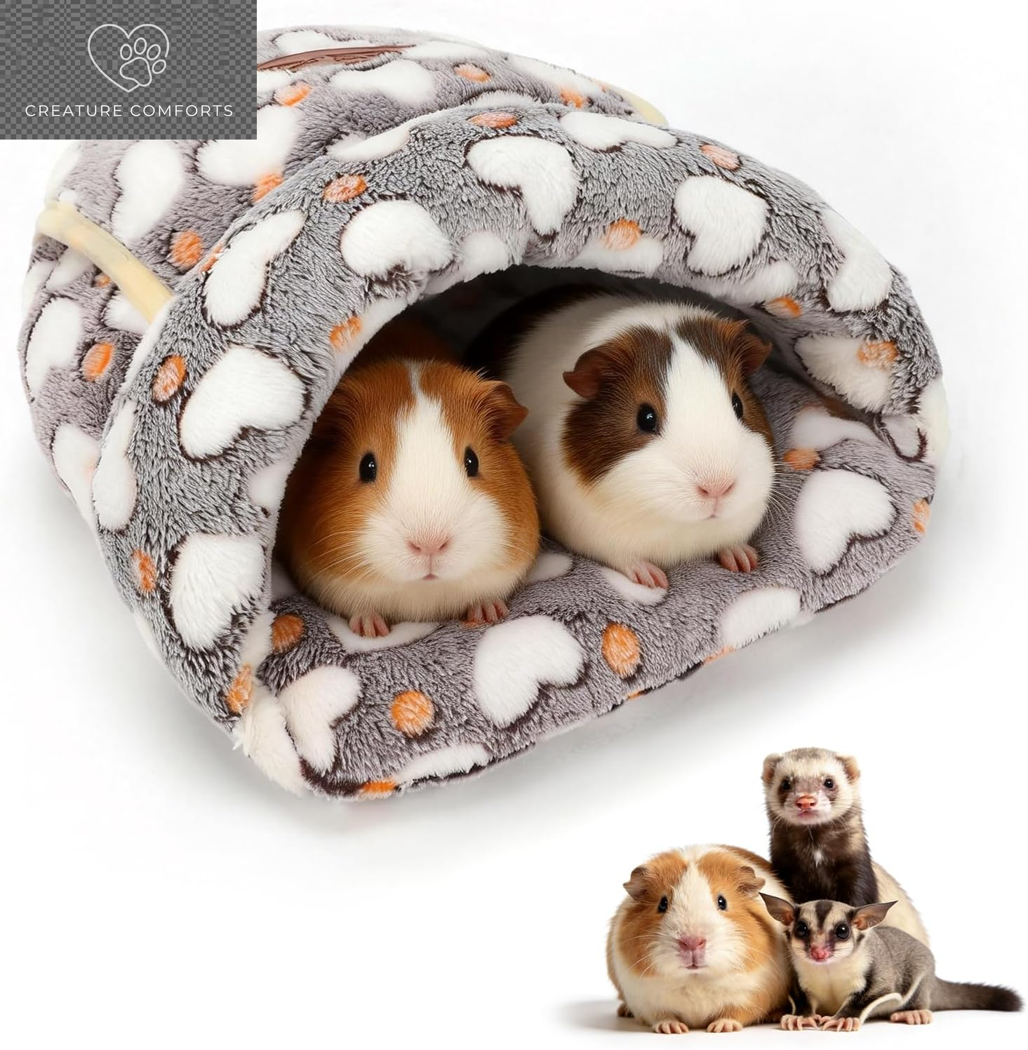 YUEPET Guinea Pig Bed, Warm Fleece Slipper-Shaped Cuddle Cave, Grey | Cozy Guinea Pig House, Portable Guinea Pig Hideout, Soft Coral Fleece, Washable Cushion, Folds Flat, Slipper Shape