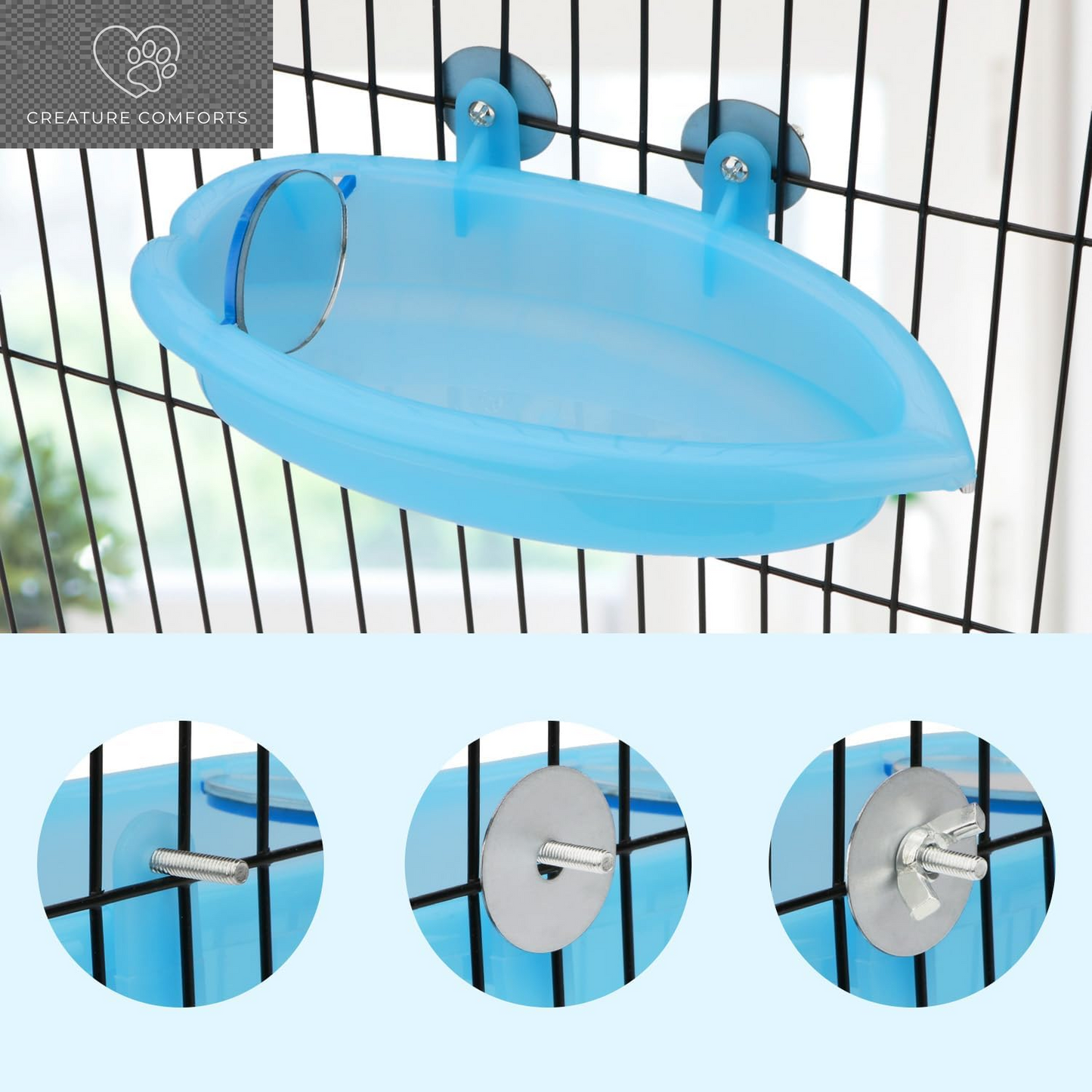 Hypeety Bird Bath with Mirror Portable Bird Bathroom Parakeet Shower Tub | Parrot Bathtub with a Mirror, Durable and Safe Material, Easy to Install, Cage Accessories, for Budgie/Lovebird/Finches, Blue