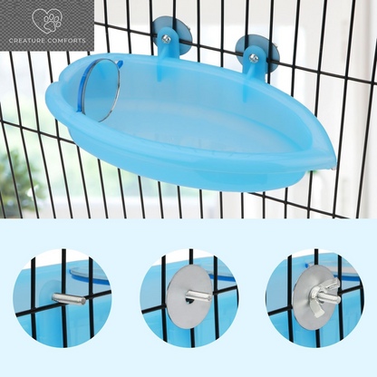Hypeety Bird Bath with Mirror Portable Bird Bathroom Parakeet Shower Tub | Parrot Bathtub with a Mirror, Durable and Safe Material, Easy to Install, Cage Accessories, for Budgie/Lovebird/Finches, Blue