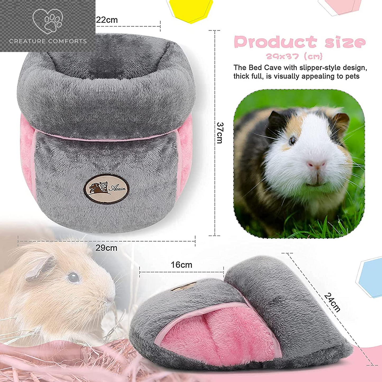 YUEPET Guinea Pig Bed, Warm Fleece Slipper-Shaped Cuddle Cave, Grey | Cozy Guinea Pig House, Portable Guinea Pig Hideout, Soft Coral Fleece, Washable Cushion, Folds Flat, Slipper Shape