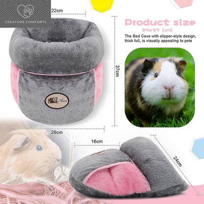 YUEPET Guinea Pig Bed, Warm Fleece Slipper-Shaped Cuddle Cave, Grey | Cozy Guinea Pig House, Portable Guinea Pig Hideout, Soft Coral Fleece, Washable Cushion, Folds Flat, Slipper Shape