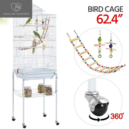 Yaheetech 62.4"H Rolling Metal Birdcage Parrot Cage with Detachable Stand, White