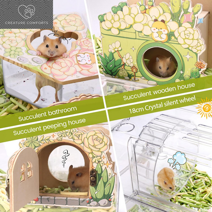 Acrylic Hamster Cage with All Accessories,Dwarf Hamster Cage with Stand,Syrian Mouse Cage for Pet Mice,Rat Cage for Hamster,Succulent Style Hamster House（20''L*11.5''W*10.5''H）