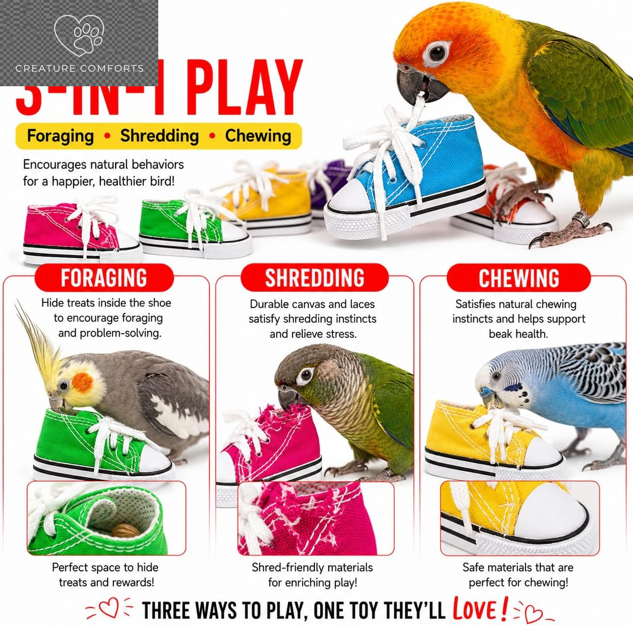 Bonka Bird Toys 6 Mini Sneakers Colorful Cotton Shredding Parrot Parrotlet Budgie Finch Cockatoo | Fill with Treats or Shredding Material for Engaging Foraging and Interactive Foot Play
