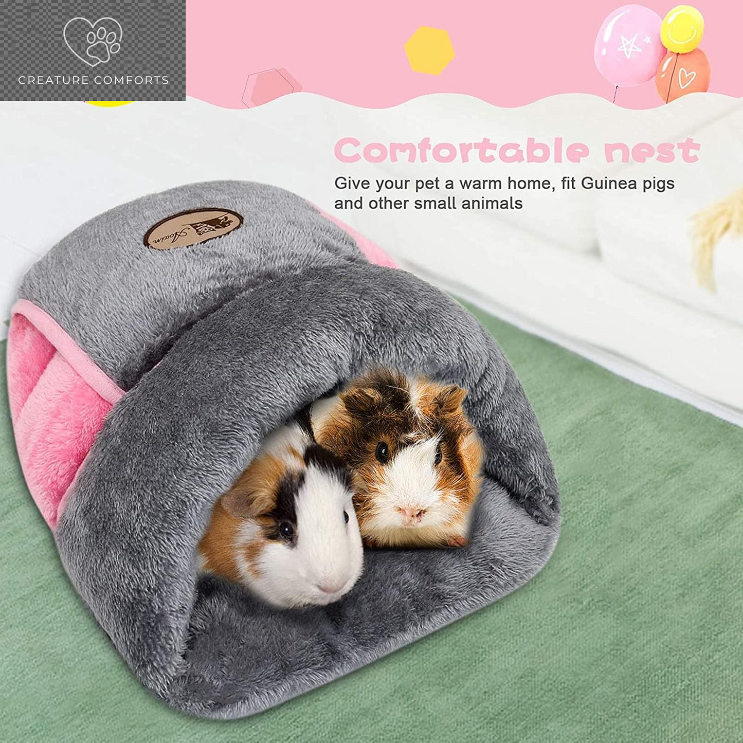 YUEPET Guinea Pig Bed, Warm Fleece Slipper-Shaped Cuddle Cave, Grey | Cozy Guinea Pig House, Portable Guinea Pig Hideout, Soft Coral Fleece, Washable Cushion, Folds Flat, Slipper Shape