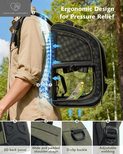 Pecute Bird Backpack Carrier with Standing Perch for Small Parrot, Green