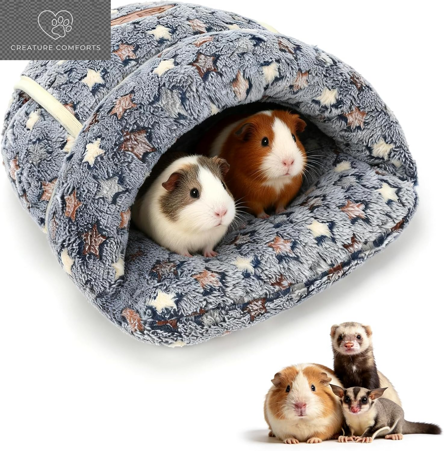 YUEPET Guinea Pig Bed, Warm Fleece Slipper-Shaped Cuddle Cave, Grey | Cozy Guinea Pig House, Portable Guinea Pig Hideout, Soft Coral Fleece, Washable Cushion, Folds Flat, Slipper Shape