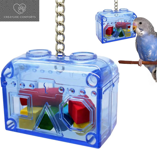 Treasure Chest Toy - Puzzle & Foraging Toys for Birds - Durable Plastic Bird Foraging Box W/ Colorful Wooden Shapes - Parrot Puzzle Toys - Small & Large Bird Toys for Cockatiels, Lovebirds & More