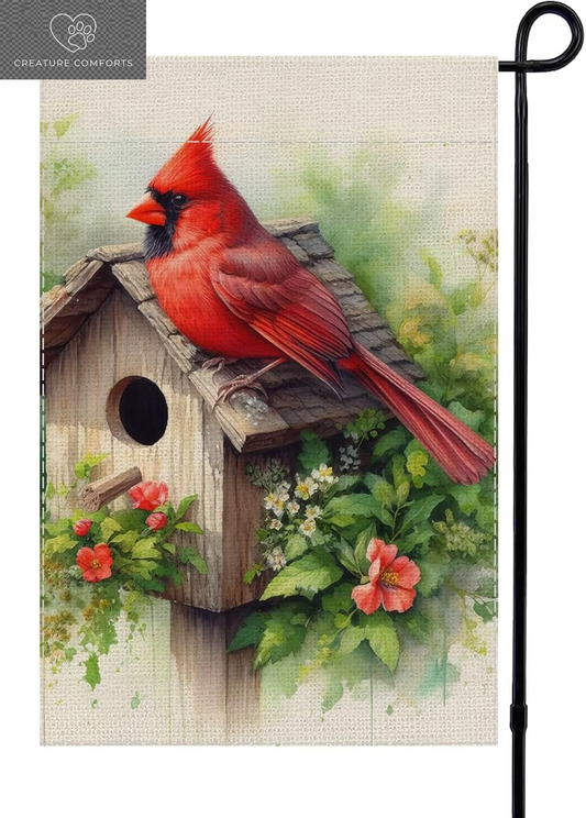 Red Cardinal on Birdhouse Garden Flag 12X18 Inch Double Sides- Watercolor Nature Floral Outdoor Decor for Porch Yard Patio Spring Home Garden Decorations