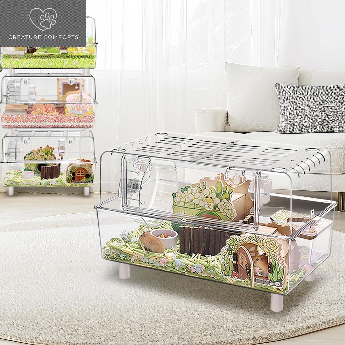 Acrylic Hamster Cage with All Accessories,Dwarf Hamster Cage with Stand,Syrian Mouse Cage for Pet Mice,Rat Cage for Hamster,Succulent Style Hamster House（20''L*11.5''W*10.5''H）