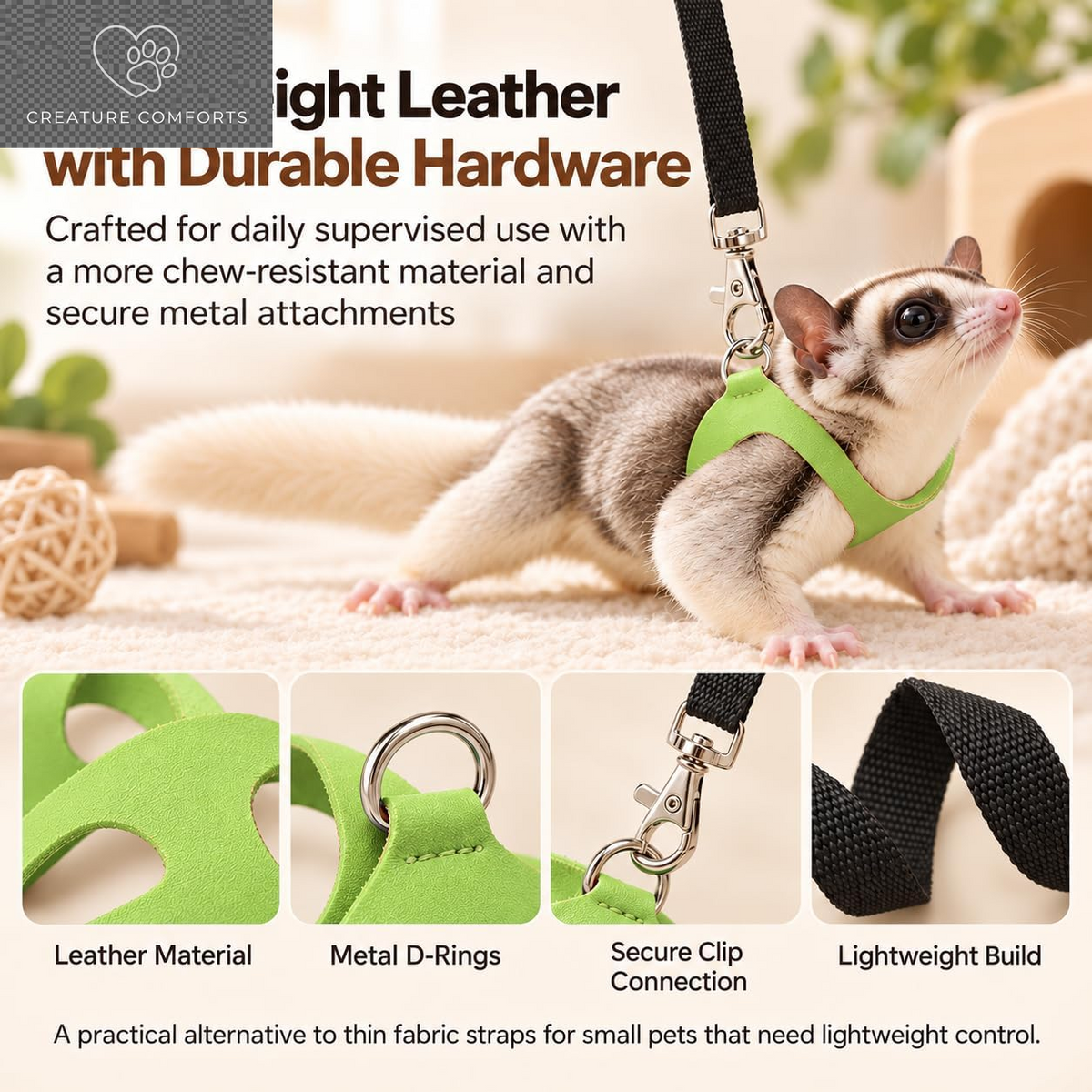 3 Pack Sugar Glider Harness and Leash Set Small Animal Training Walking Vest for Squirrel Hamster Rat-Green