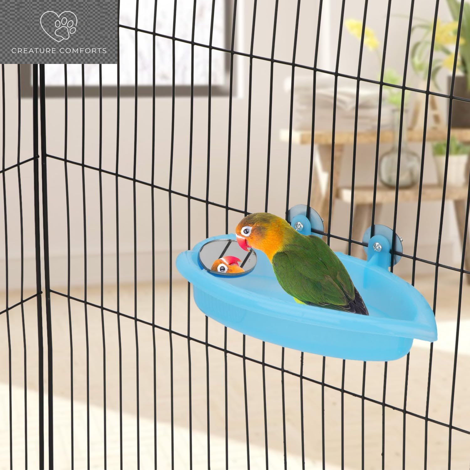 Hypeety Bird Bath with Mirror Portable Bird Bathroom Parakeet Shower Tub | Parrot Bathtub with a Mirror, Durable and Safe Material, Easy to Install, Cage Accessories, for Budgie/Lovebird/Finches, Blue