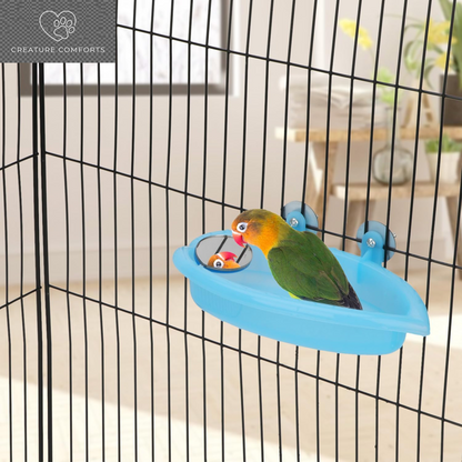 Hypeety Bird Bath with Mirror Portable Bird Bathroom Parakeet Shower Tub | Parrot Bathtub with a Mirror, Durable and Safe Material, Easy to Install, Cage Accessories, for Budgie/Lovebird/Finches, Blue