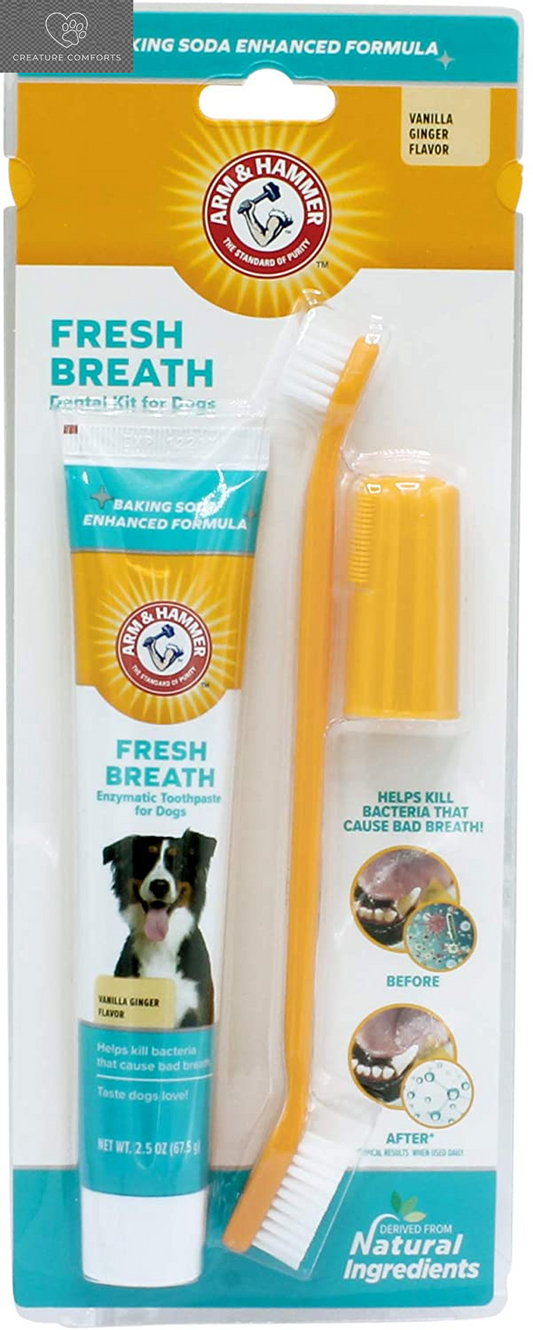 Arm & Hammer Fresh Breath Dog Dental Kit, Vanilla Ginger, 2.5 Oz, 3 Piece | Includes Toothpaste, Toothbrush, and Finger Brush, Baking Soda Enhanced, Reduces Plaque and Tartar Daily | Includes Toothpaste, Toothbrush, and Finger Brush, Baking Soda Enhanced, Reduces Plaque and Tartar Daily