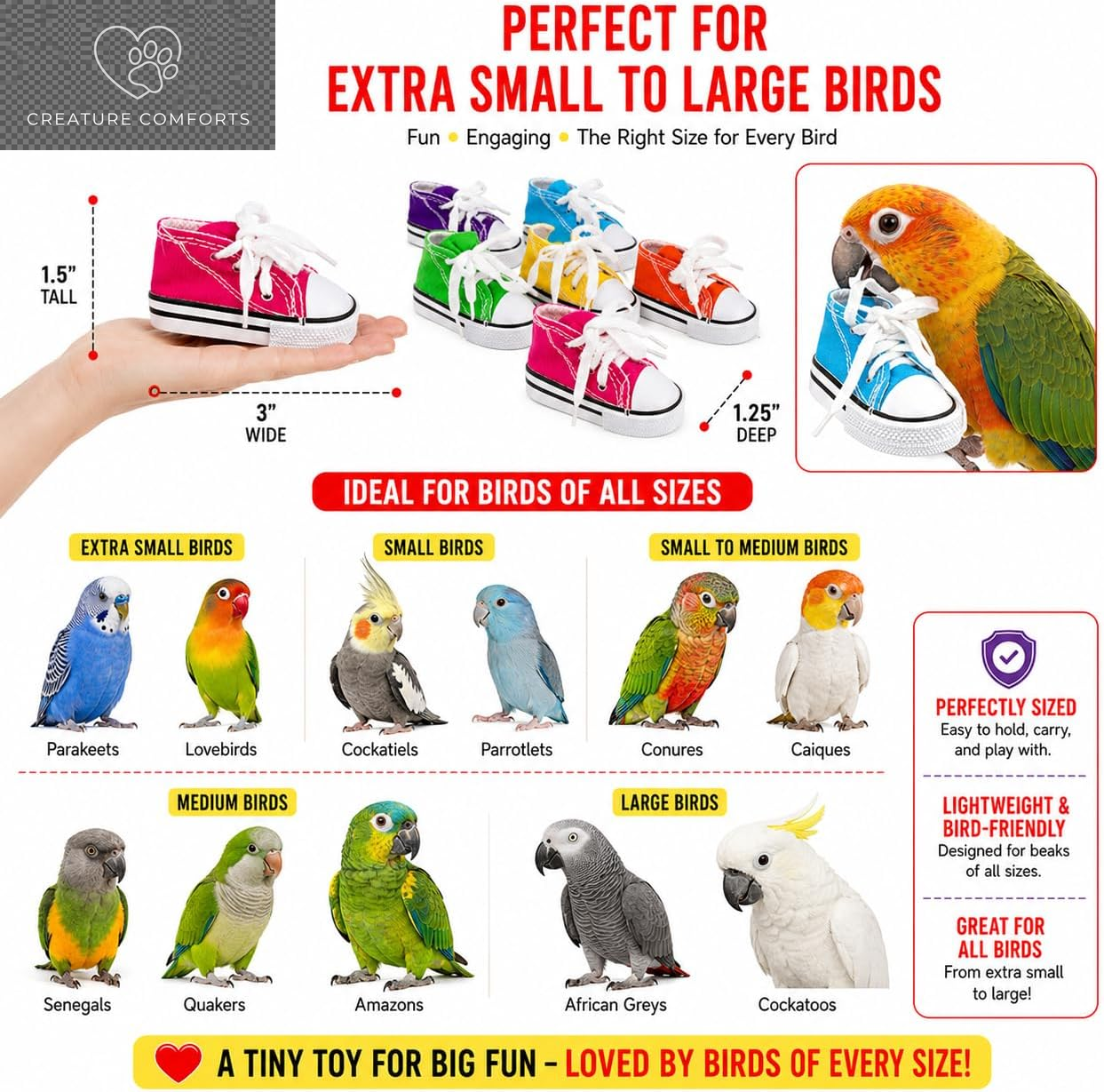Bonka Bird Toys 6 Mini Sneakers Colorful Cotton Shredding Parrot Parrotlet Budgie Finch Cockatoo | Fill with Treats or Shredding Material for Engaging Foraging and Interactive Foot Play