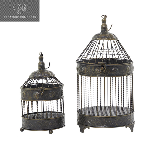 Decmode Floral Antique Twisted Rod Bronze Metal Birdcage with Latch Closure and Hanging Hook, Set of 2