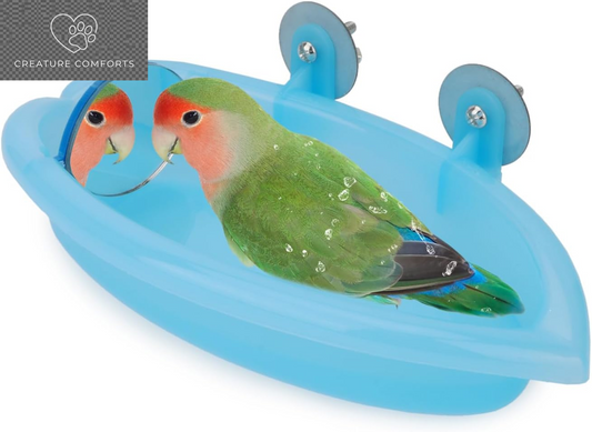 Hypeety Bird Bath with Mirror Portable Bird Bathroom Parakeet Shower Tub | Parrot Bathtub with a Mirror, Durable and Safe Material, Easy to Install, Cage Accessories, for Budgie/Lovebird/Finches, Blue