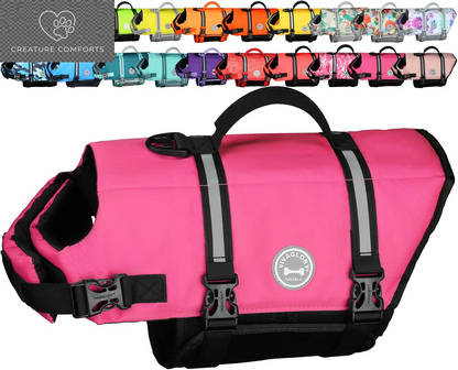 VIVAGLORY Dog Life Vest Rip Stop Dog Swim Vest, M, Pink | High Visibility Ripstop for Puppy Cat Doggy, Life Jacket with Handle & Leash Ring for Boating & Swimming