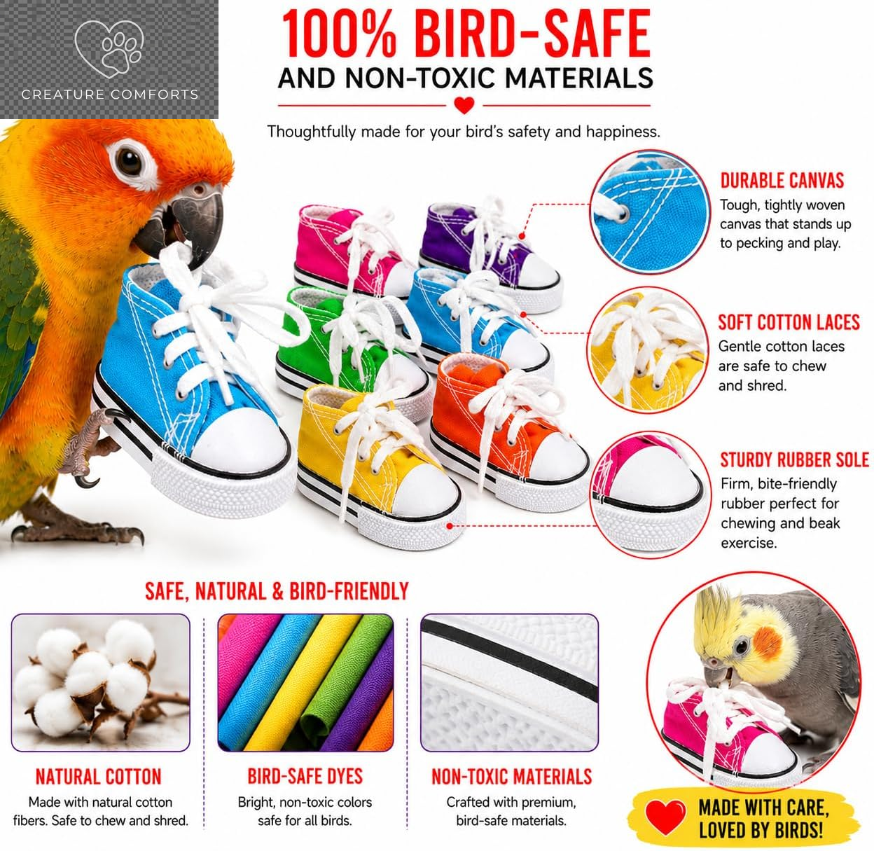 Bonka Bird Toys 6 Mini Sneakers Colorful Cotton Shredding Parrot Parrotlet Budgie Finch Cockatoo | Fill with Treats or Shredding Material for Engaging Foraging and Interactive Foot Play