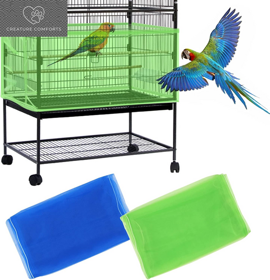 Daoeny 2Pcs Large Bird Cage Cover, Bird Cage Seed Catcher, Adjustable Soft Airy Nylon Mesh Net, Birdcage Cover Skirt Seed Guard for Parrot Parakeet Macaw African round Square Cages (Blue + Green)