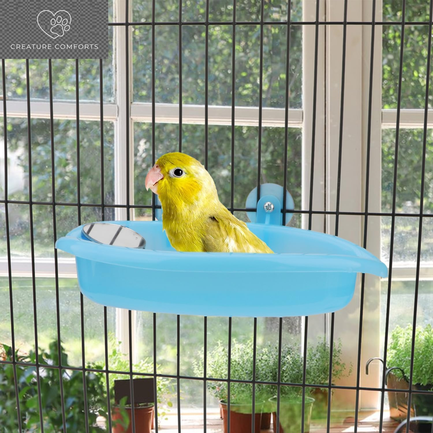 Hypeety Bird Bath with Mirror Portable Bird Bathroom Parakeet Shower Tub | Parrot Bathtub with a Mirror, Durable and Safe Material, Easy to Install, Cage Accessories, for Budgie/Lovebird/Finches, Blue
