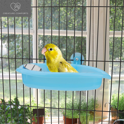Hypeety Bird Bath with Mirror Portable Bird Bathroom Parakeet Shower Tub | Parrot Bathtub with a Mirror, Durable and Safe Material, Easy to Install, Cage Accessories, for Budgie/Lovebird/Finches, Blue