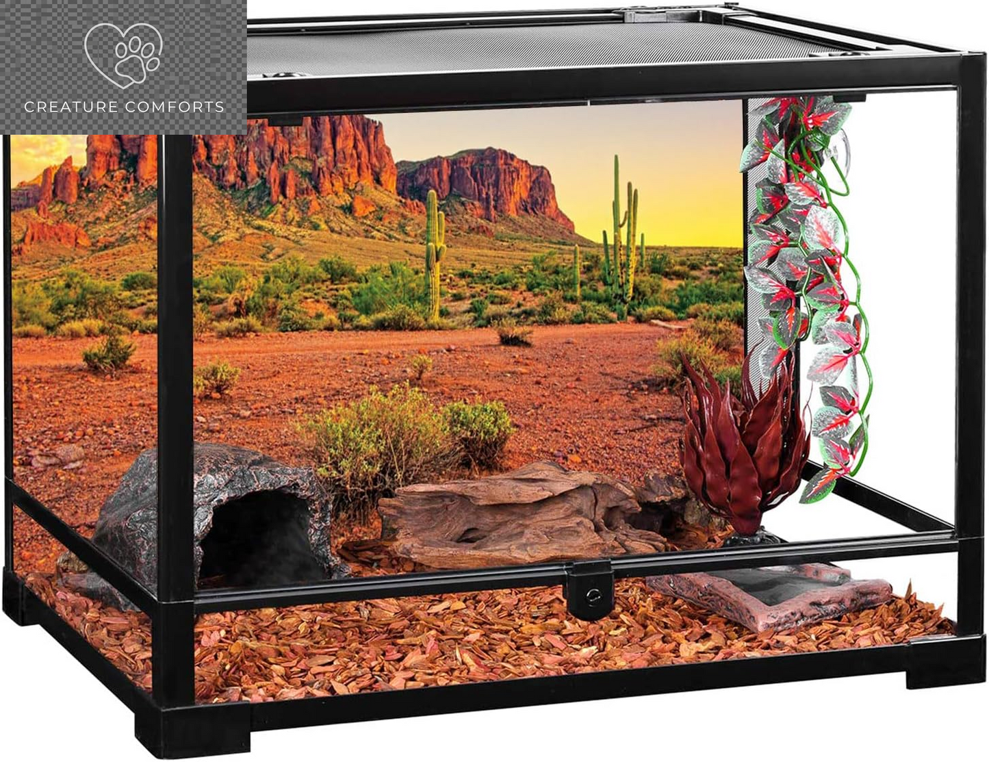 AWERT 48X24 Inches Reptile Habitat Background Sky Oasis Mountain Cactus Sun and Desert Terrarium Background Durable Polyester Background