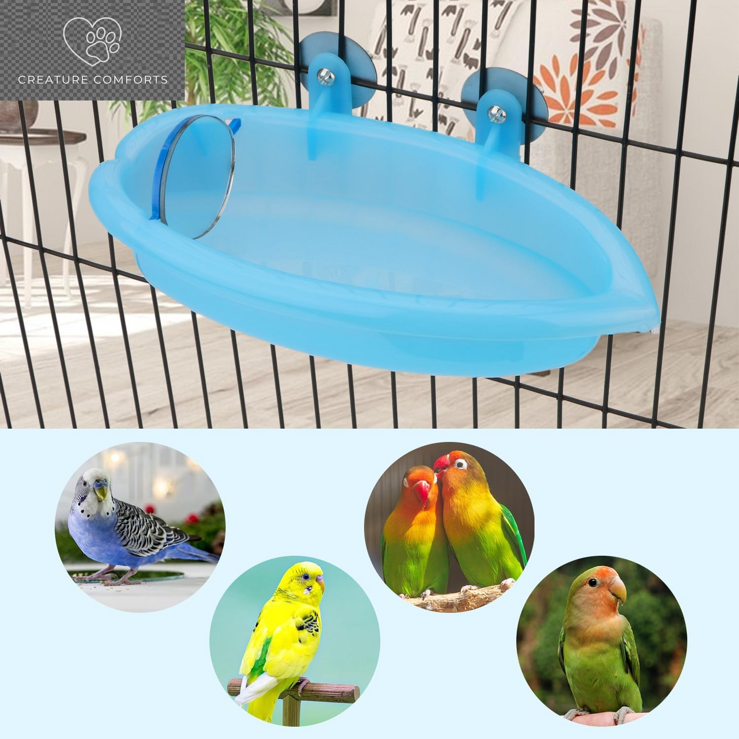 Hypeety Bird Bath with Mirror Portable Bird Bathroom Parakeet Shower Tub | Parrot Bathtub with a Mirror, Durable and Safe Material, Easy to Install, Cage Accessories, for Budgie/Lovebird/Finches, Blue